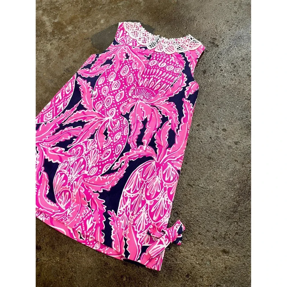 Lilly Pulitzer Shift Dress Girls 3 Multicolor‎ Pineapple Lace Collar Back Zip